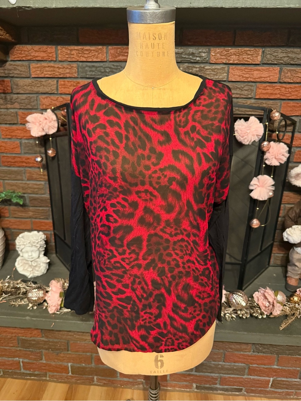 Michael Kors Red and Black Leopard Sheer Long-Sleeve Blouse